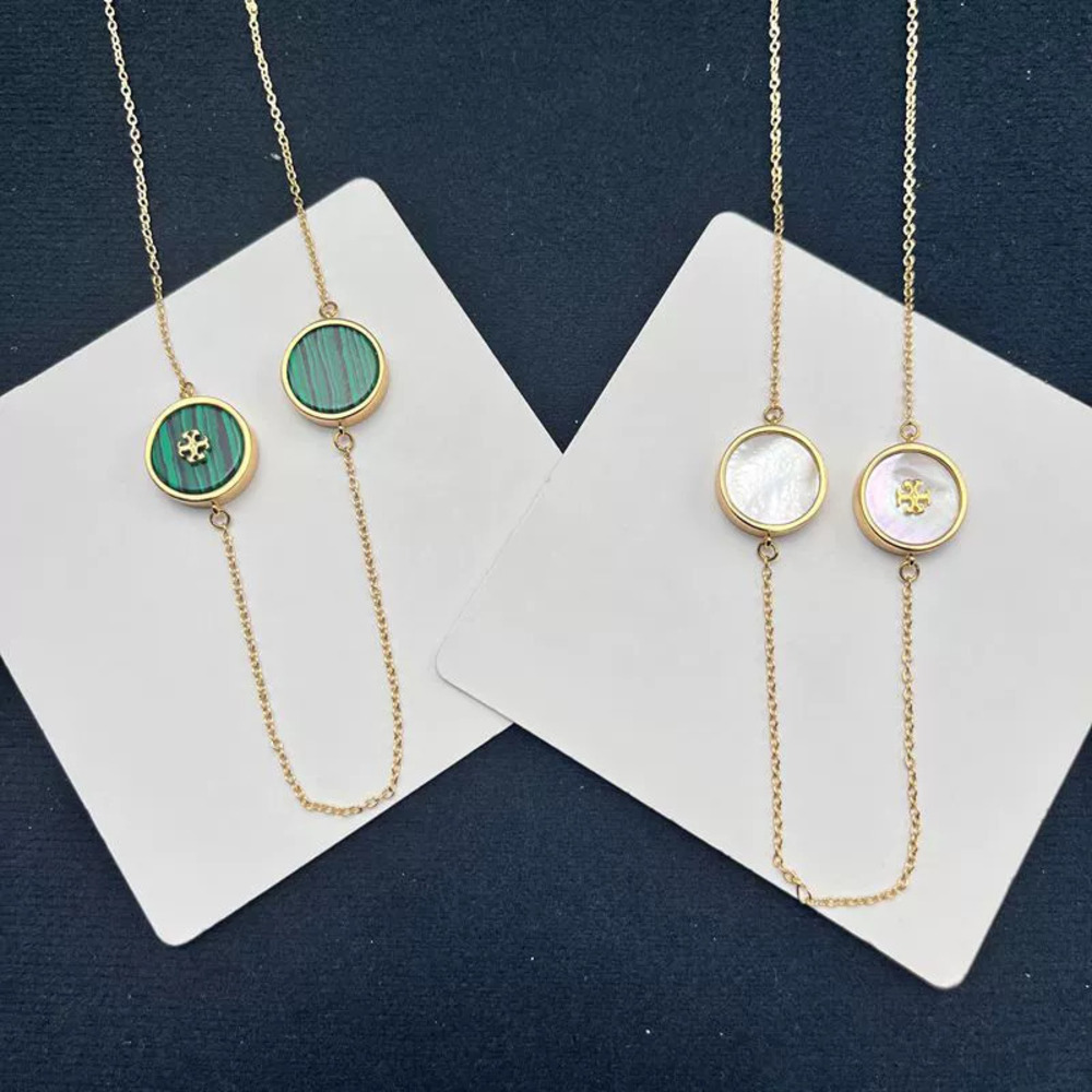 Tory Burch Natural Shell Double Enamel Geometric Round Hollow Letter Necklace